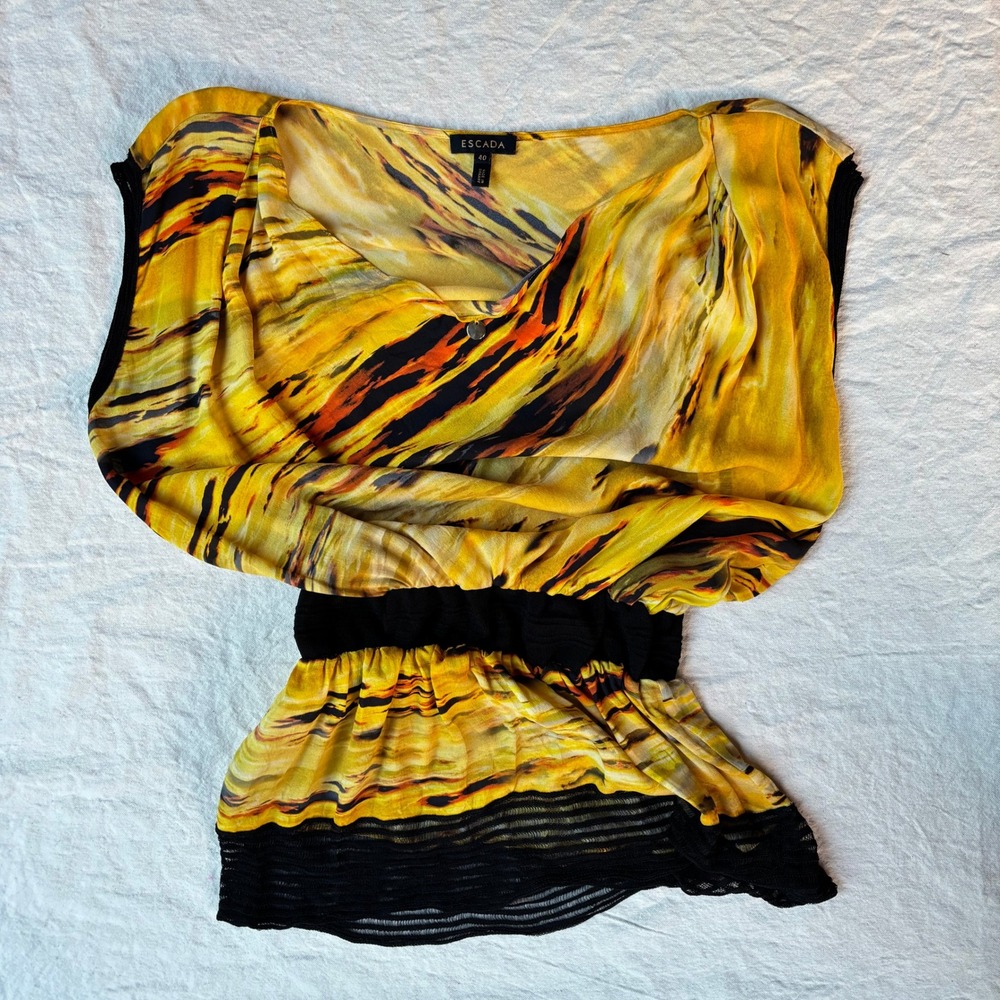 Escada Silk Abstract Print Peplum Top Yellow Orange Black‎ Mesh Size 40/US 10